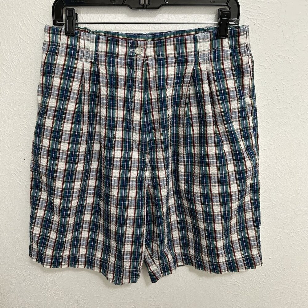 VTG 80s 90s Woolrich Seersucker Bermuda Shorts Blue Plaid Sz  16 Coastal‎ Preppy